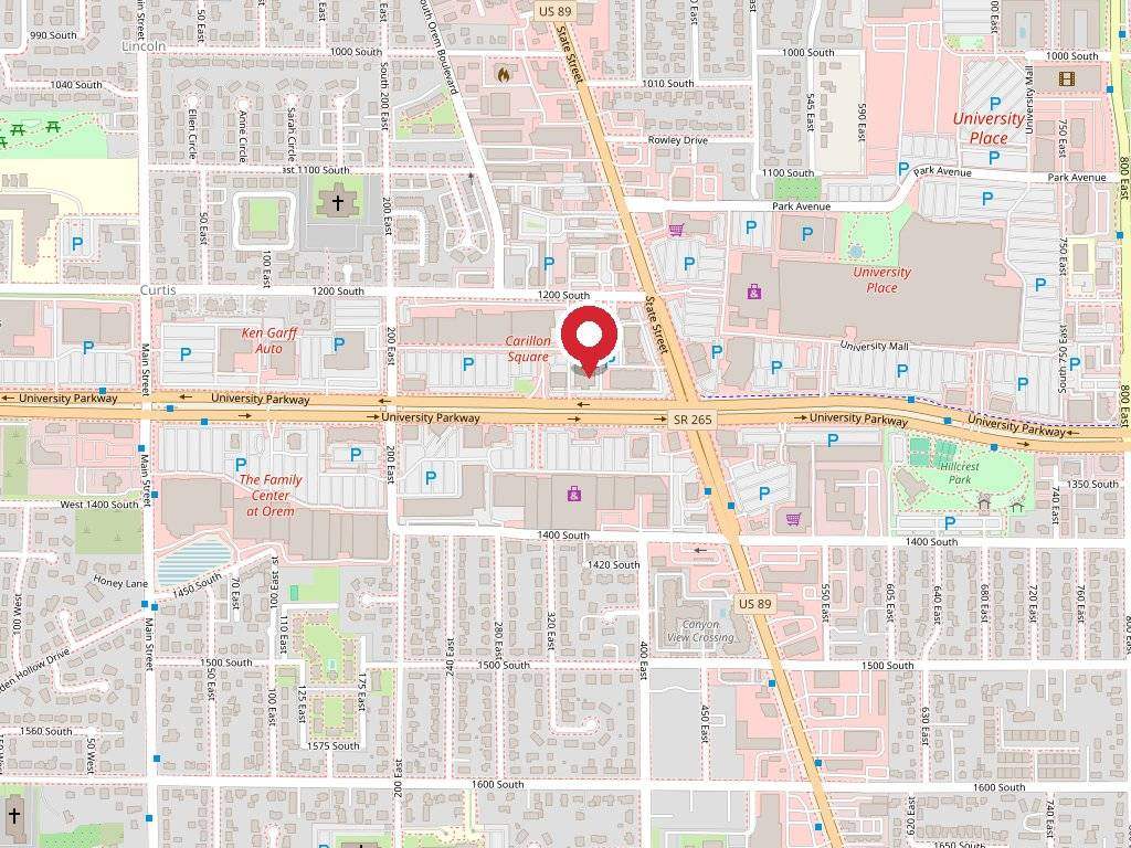 Map showing Crew’s Coin Laundromat on University Parkway near University Place in Orem